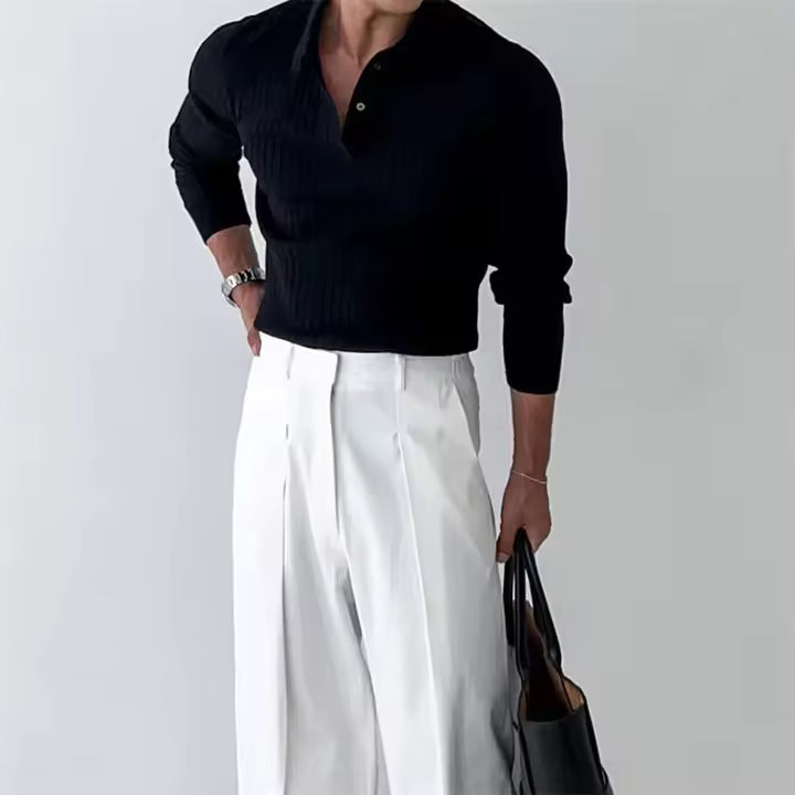 Polo Collar Solid Men Pullovers Flat Knitted Sweater Striped Jumpers Loose Fit Long Sleeve Slight Strech Casual Winter 2025