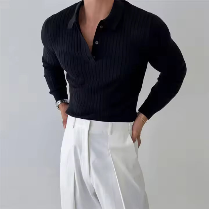 Polo Collar Solid Men Pullovers Flat Knitted Sweater Striped Jumpers Loose Fit Long Sleeve Slight Strech Casual Winter 2025